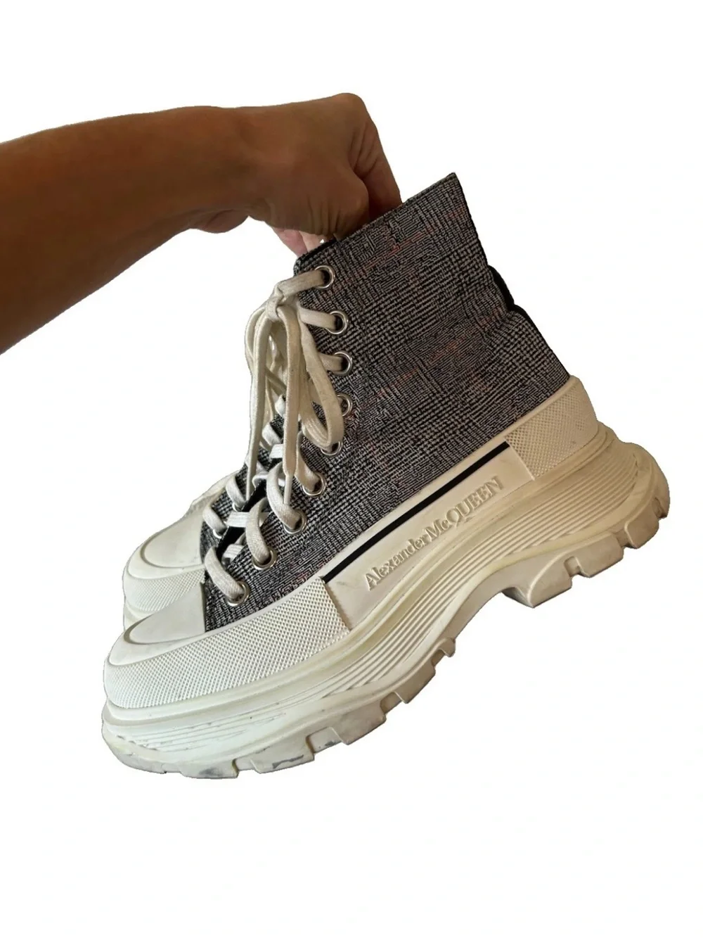 Alexander McQueen Tread Slick High Top Sneakers 37.5 Grey Tweed Platform